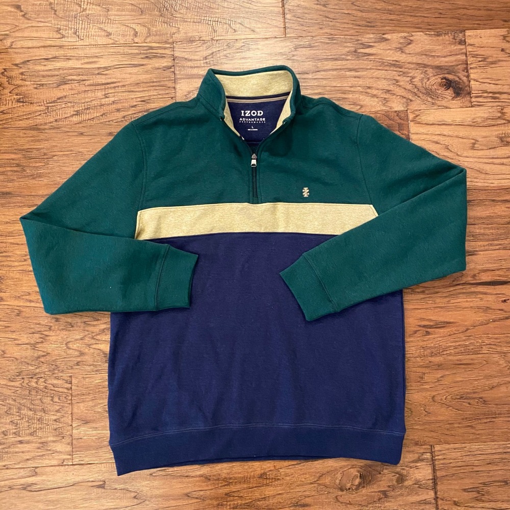 IZOD Advantage Performance Quarter Zip Pullover Mens Large Green Blue Colorblock